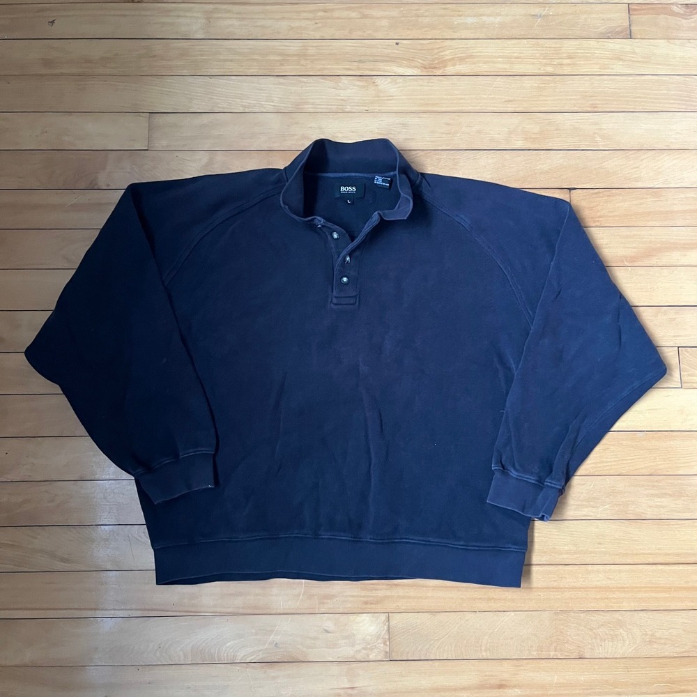 Hugo Boss Mens Navy Blue Quarter Button Mock Neck Raglan Sweatshirt Large